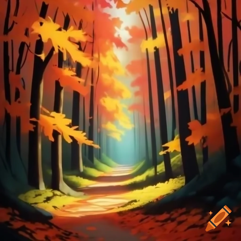 Pathway covered in colorful autumn leaves leading into dense forest