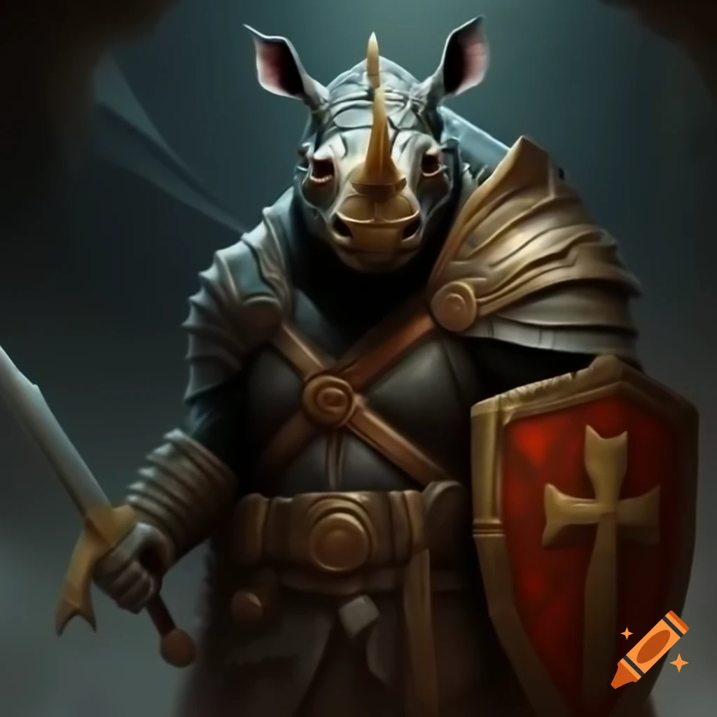 Rhino Knight with sword, shield, and Christian cross
