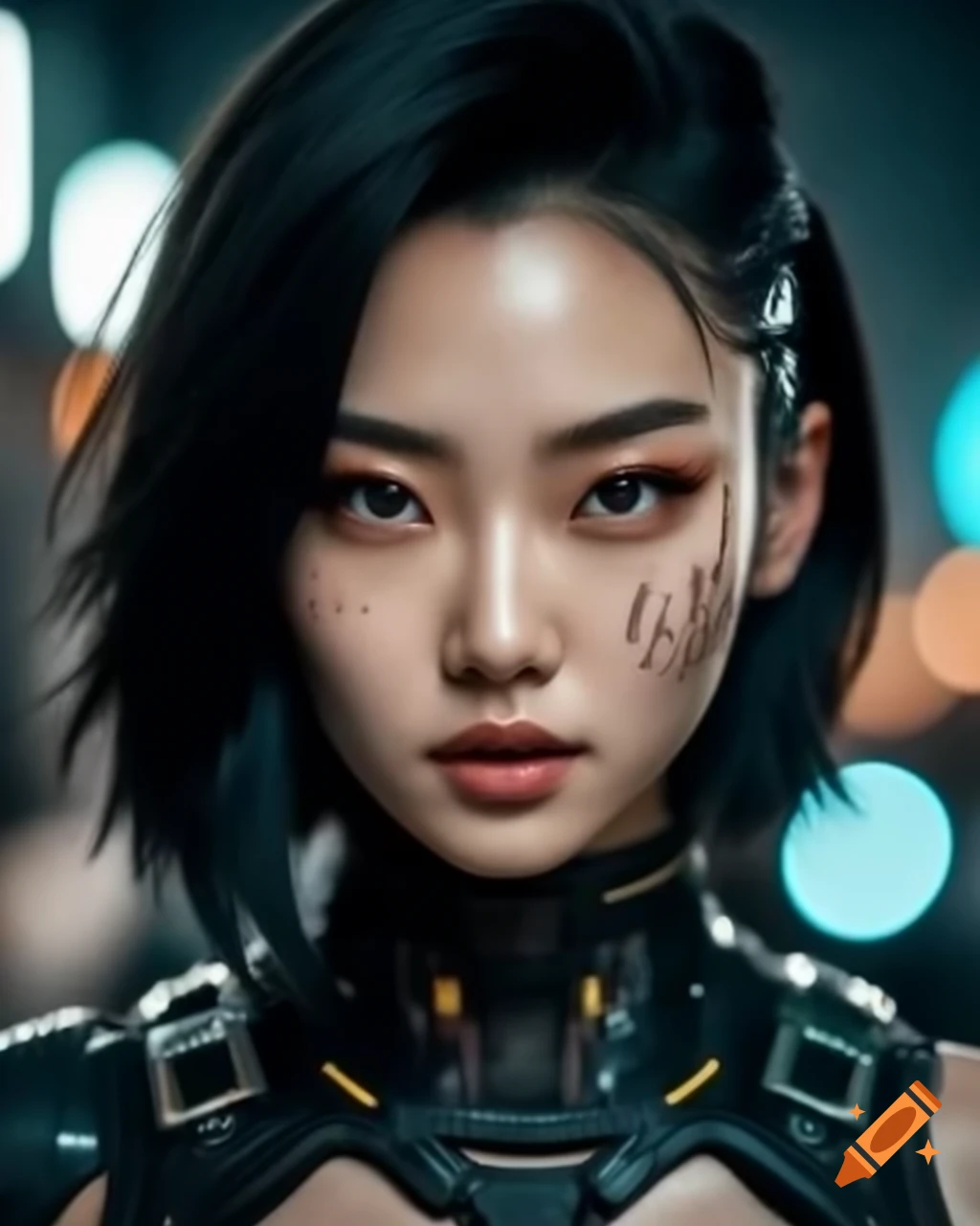 Detailed cyberpunk portrait of a young Korean woman with black hair and sharp facial contours