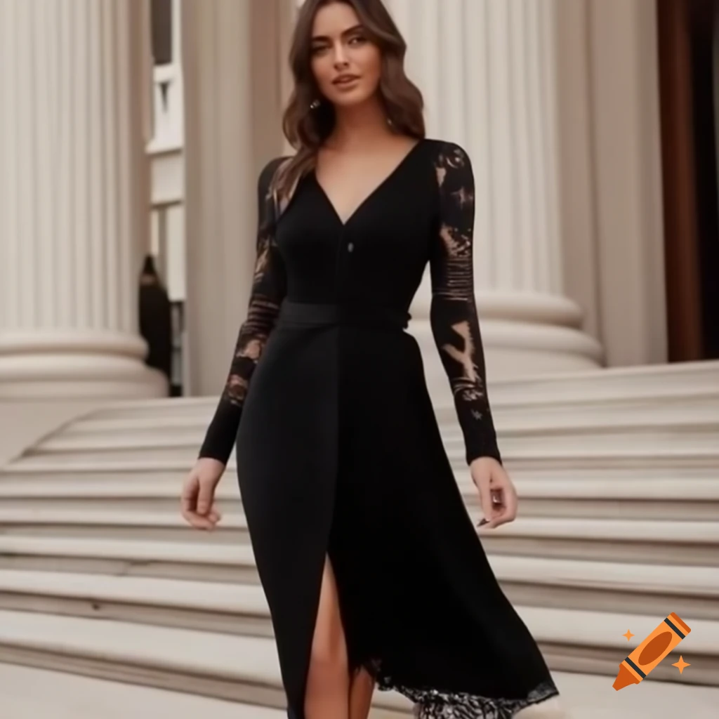 Bride in black lace long sleeve sweater dress at courthouse wedding in front of elegant marbled background