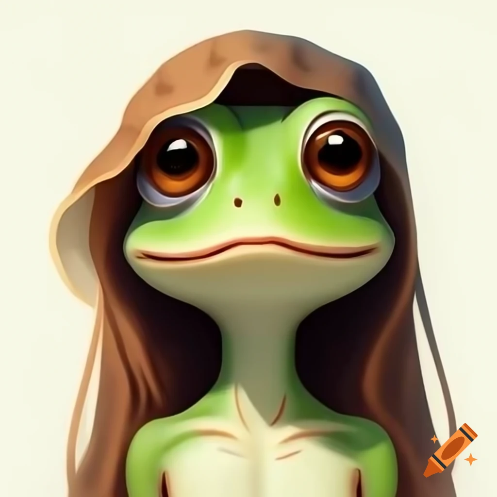 Female cartoon frog with long brown hair in Wind Waker art style