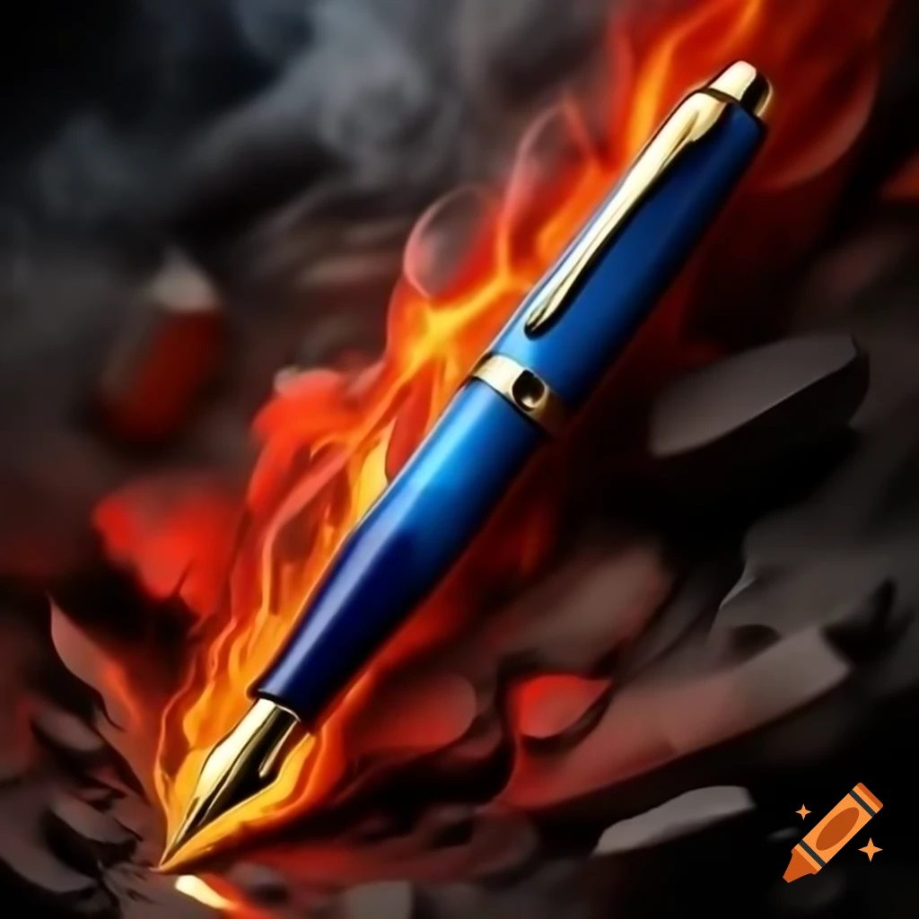 Realistic blue pen with red horns emerging from vibrant flames