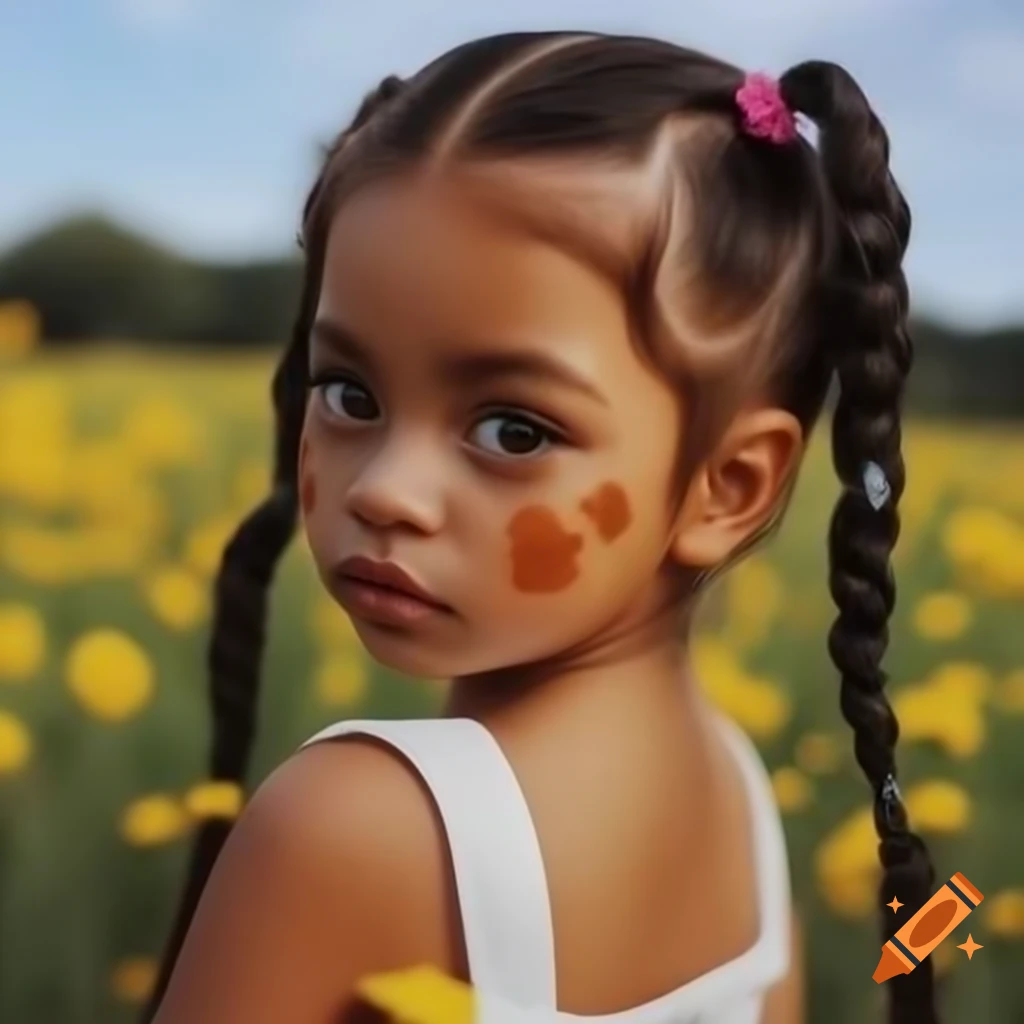 Five girls of different races with braids in a field of flowers, realistic and cute style