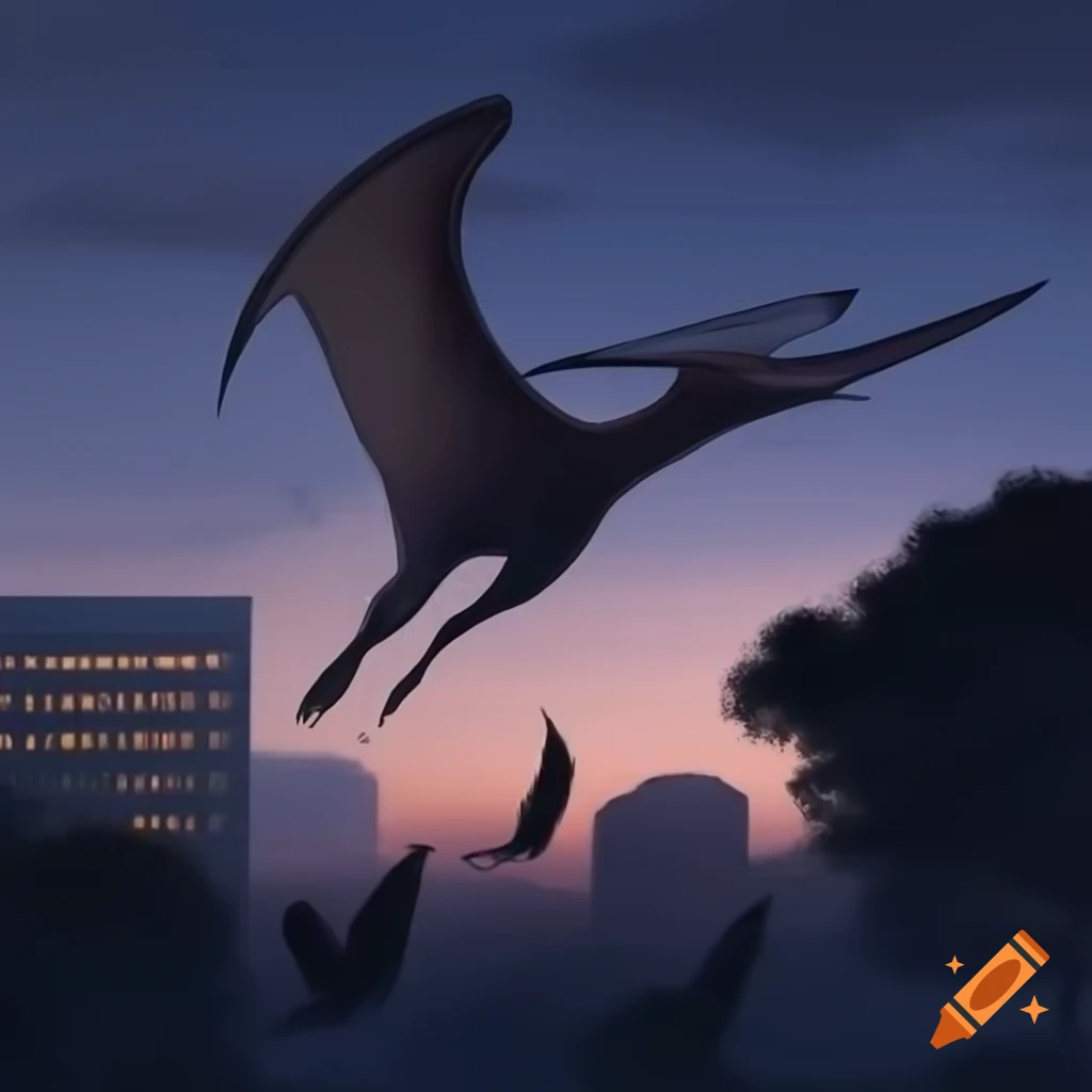Pterodactylus flying over modern city at dusk, creating shadows in the sky