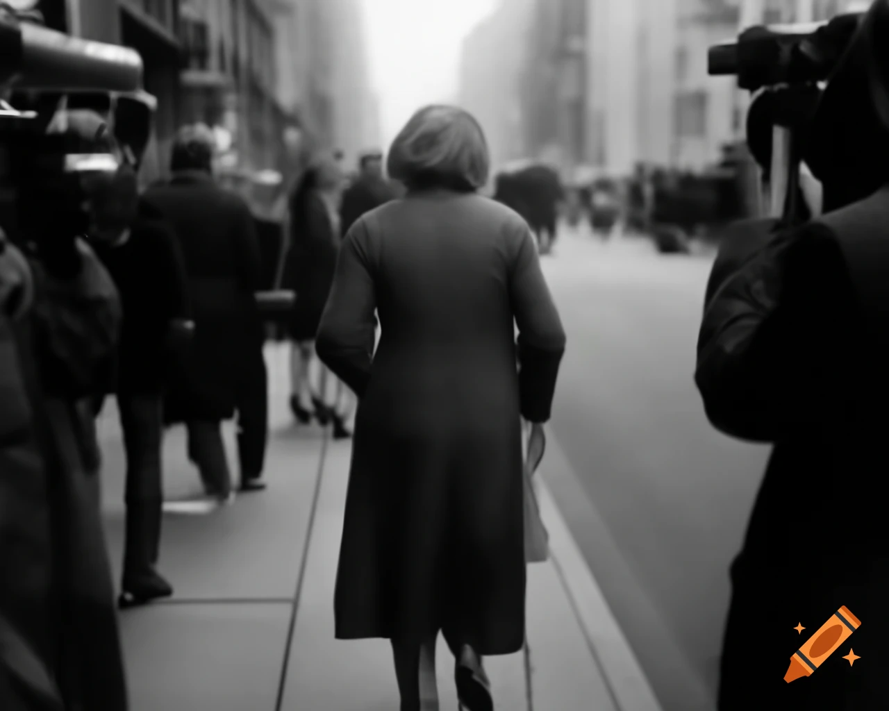 Middle-aged woman walking across city street in surveillance photograph