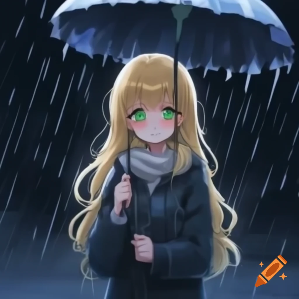 Anime girl with blonde wavy hair and dark green eyes holding umbrella in the rain at night