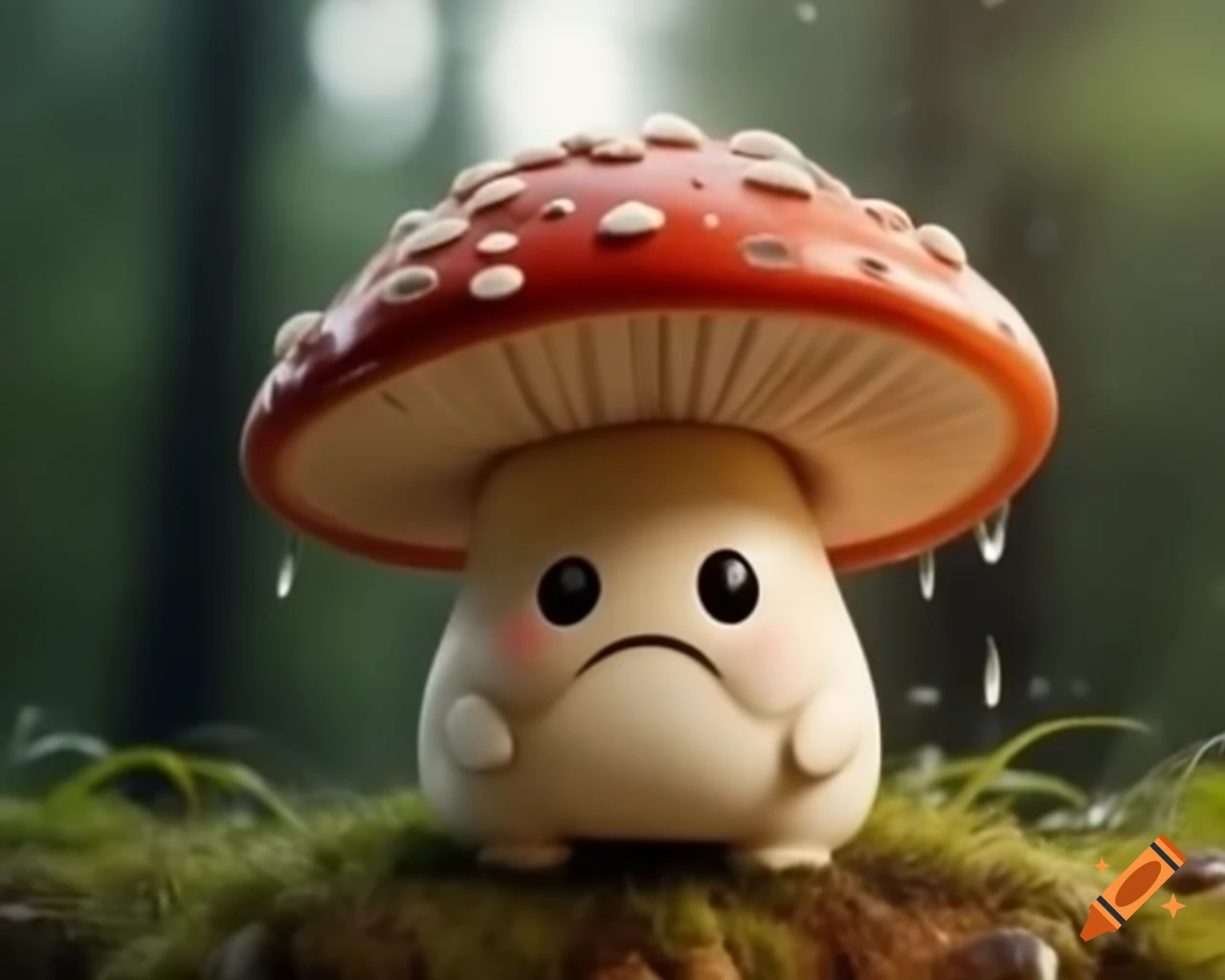 Kawaii mushroom creature in a rainy forest, hyper realistic cinematic style