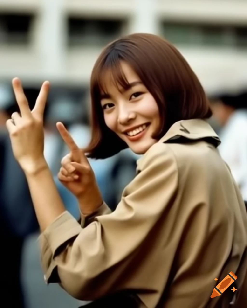 Vintage paparazzi photo of smiling Japanese actress from 1960 French movie with peace sign