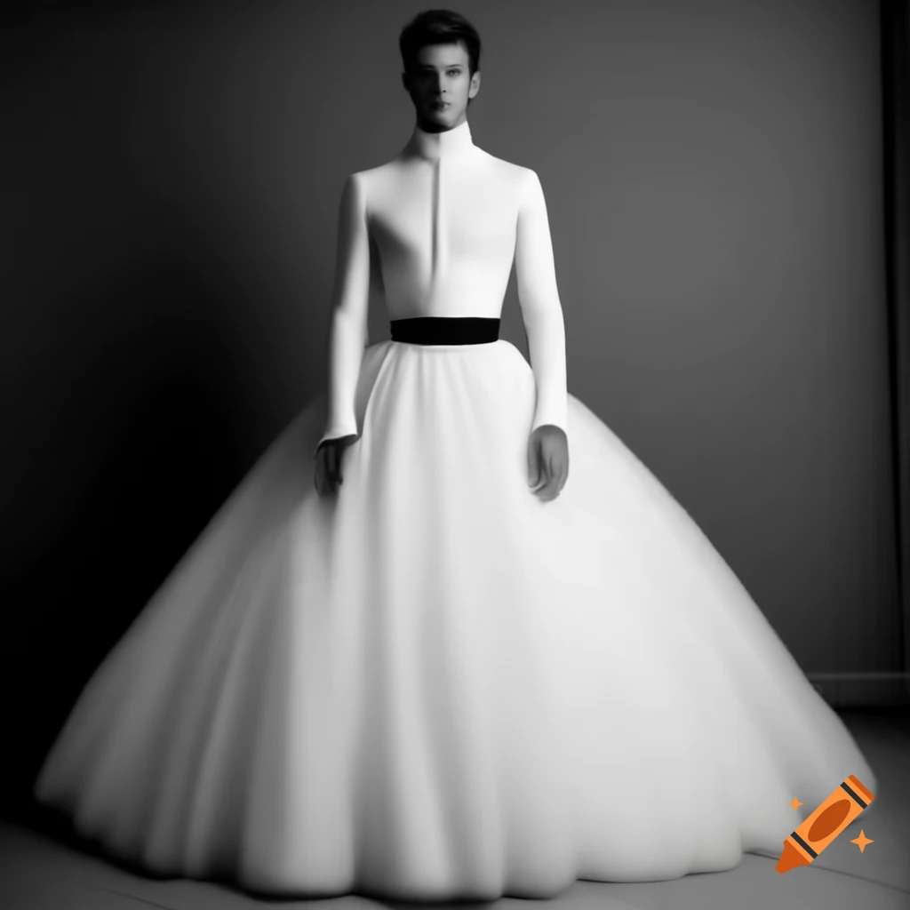Handsome young man in full-length wedding dress with long sleeves and high collar