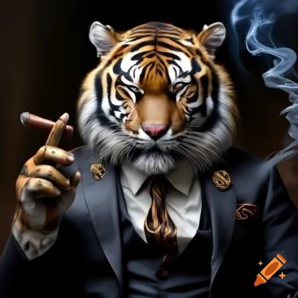 Tiger in black suit holding a cigar