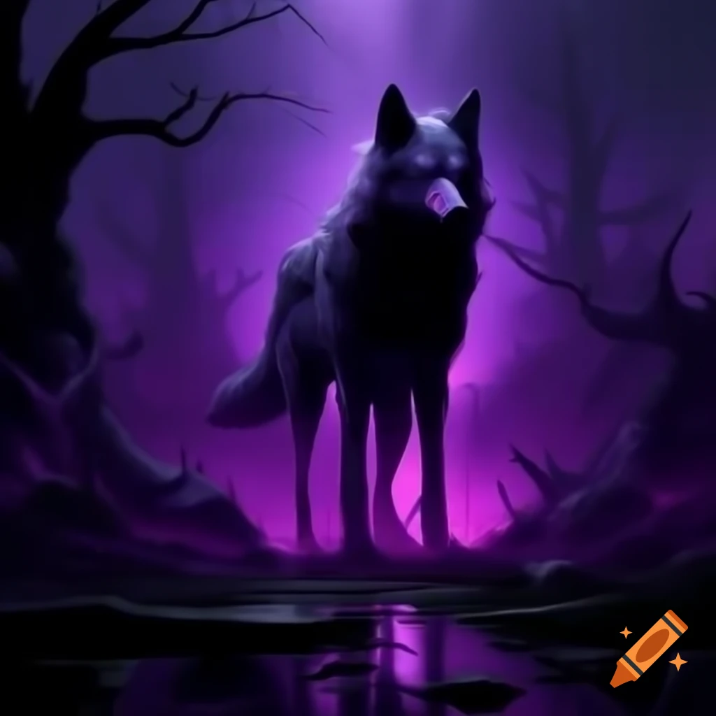Dark purple post-apocalyptic landscape with wolf silhouette