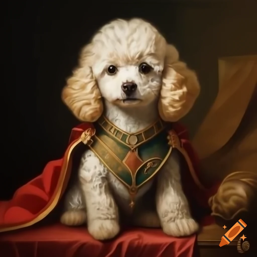 Small white poodle in regal robe sitting on a throne, oil painting