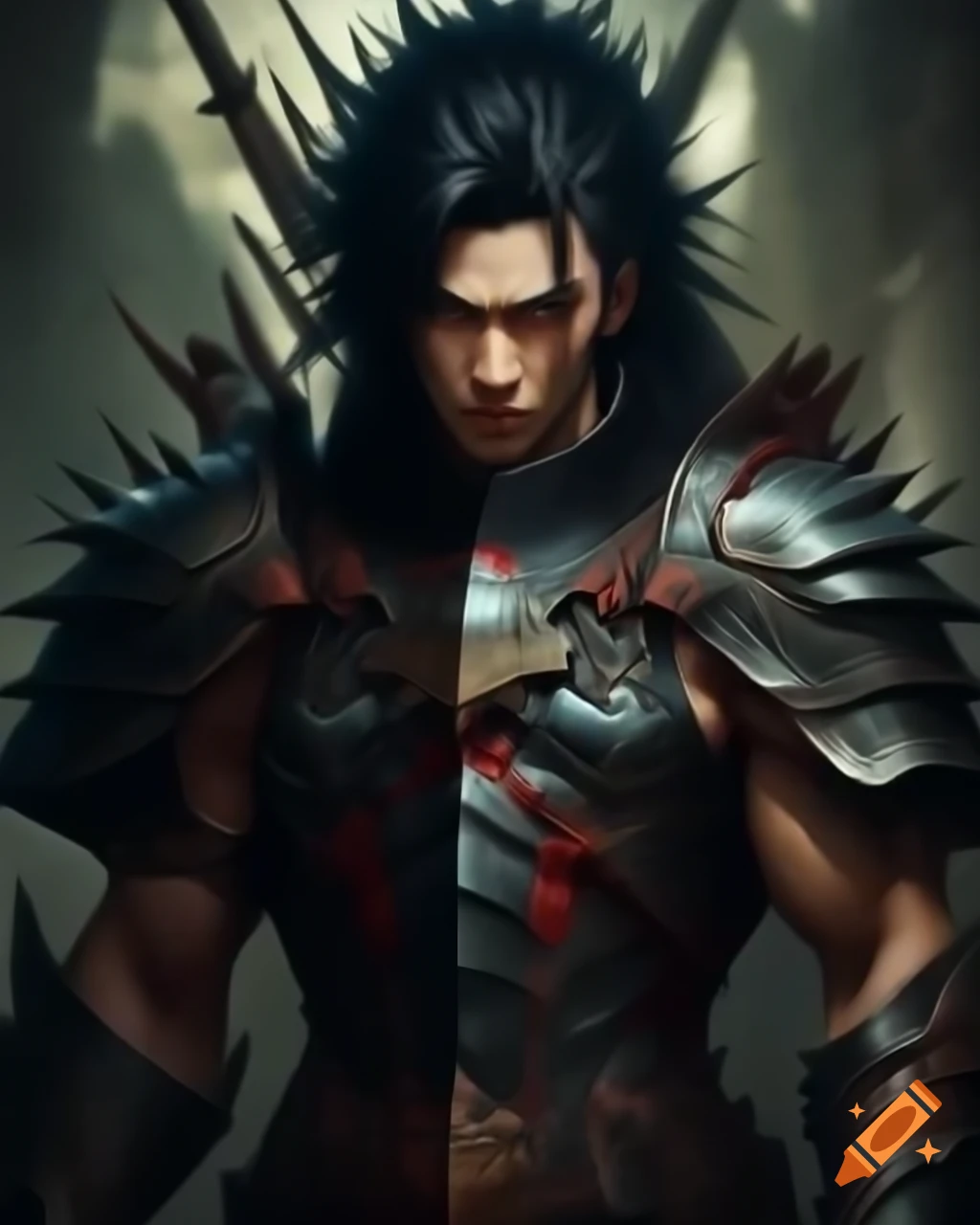Tall muscular male in black plate armor with spikes and red highlights wielding a two-handed sword