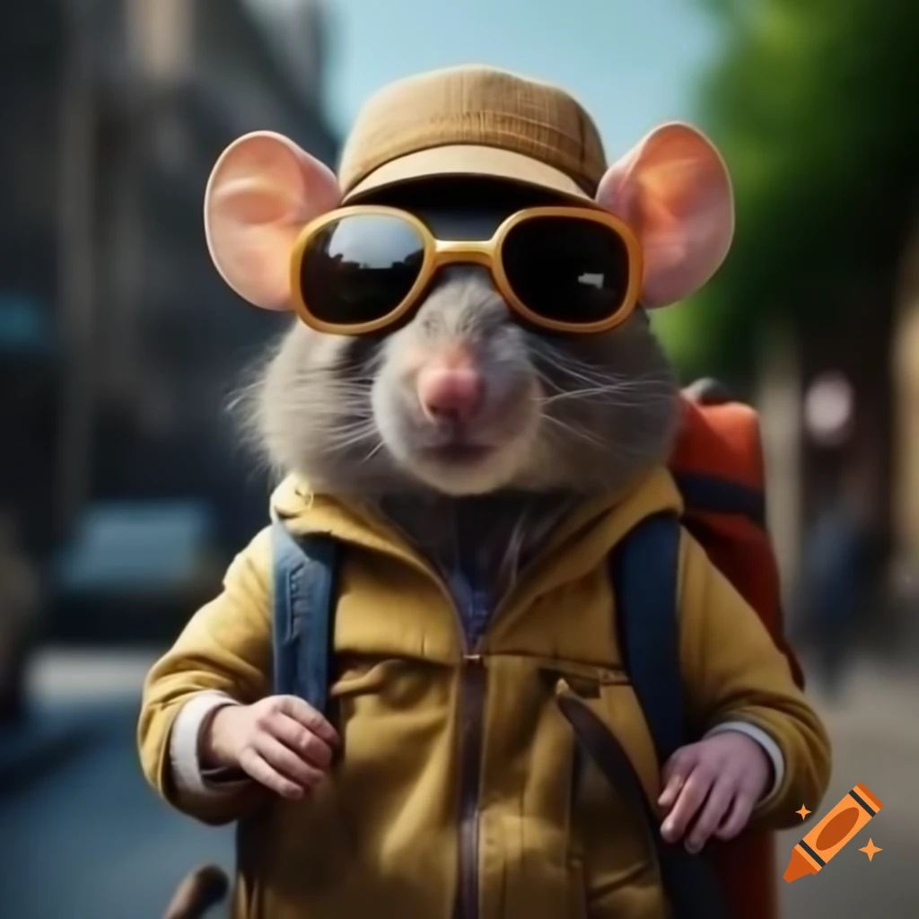 Cute rat in tourist outfit exploring Europe
