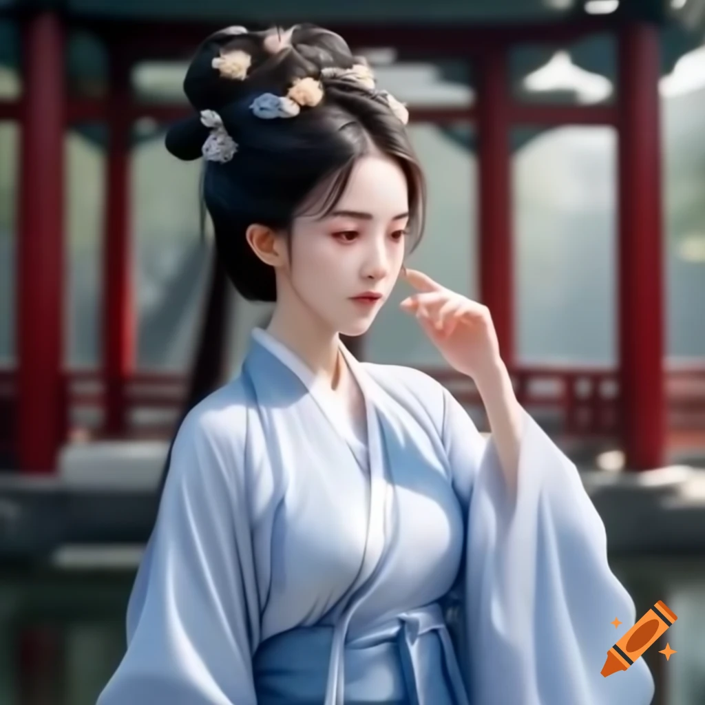 Chinese woman in elegant Hanfu with plum blossoms in classical courtyard