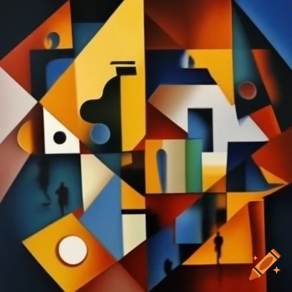 Abstract cubist art featuring geometric forms representing a giant glacier and a flame