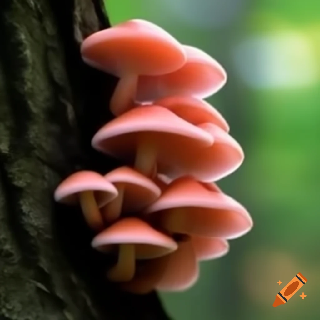 Pink mushrooms growing on a tree