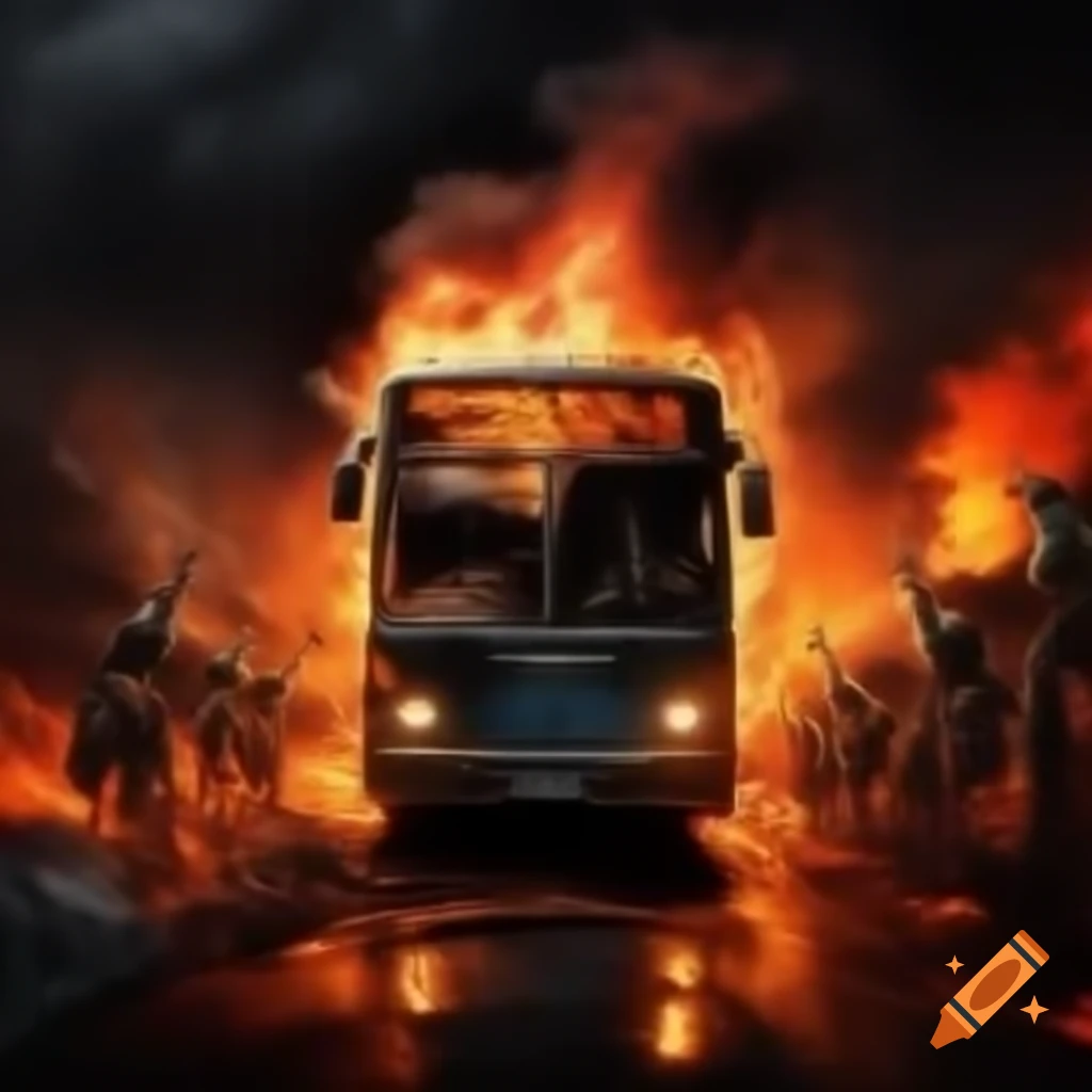 Bus traveling through fiery landscape with demons