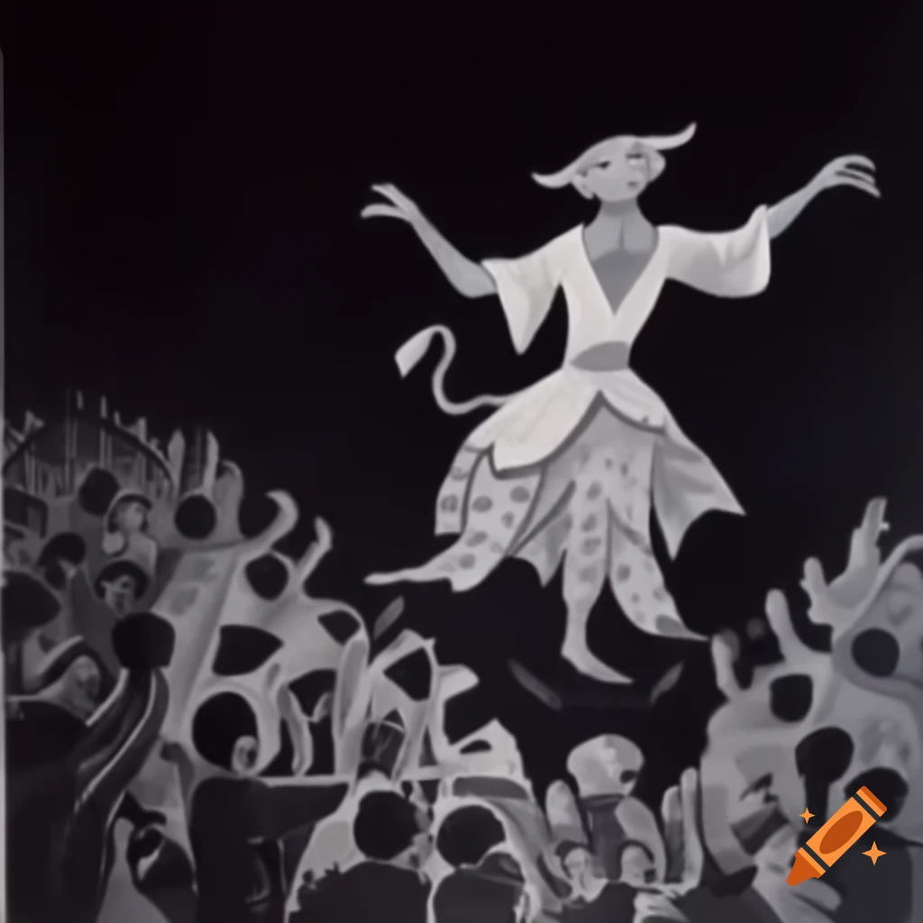 Orientalist Batik illustration of formally dressed demon dancing at royal celebration