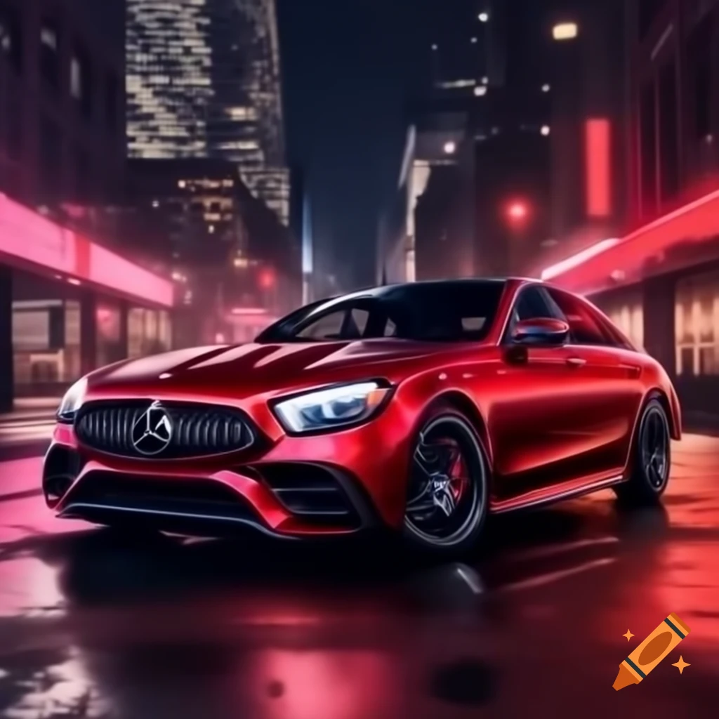 Red Mercedes E63S illuminated by red neon lights in New York City at night