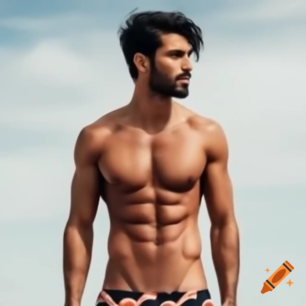 Middle Eastern male in female bathing suit posing confidently