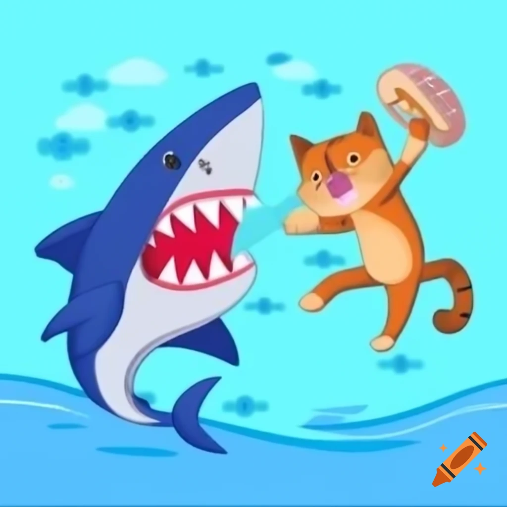 Cat facing off against a shark