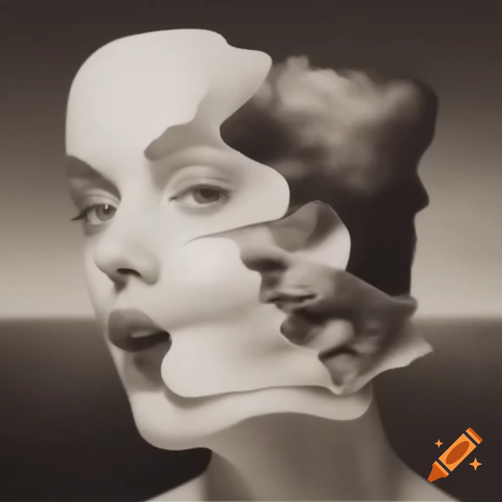 Surrealist artwork featuring black, white, grey, and sepia tones