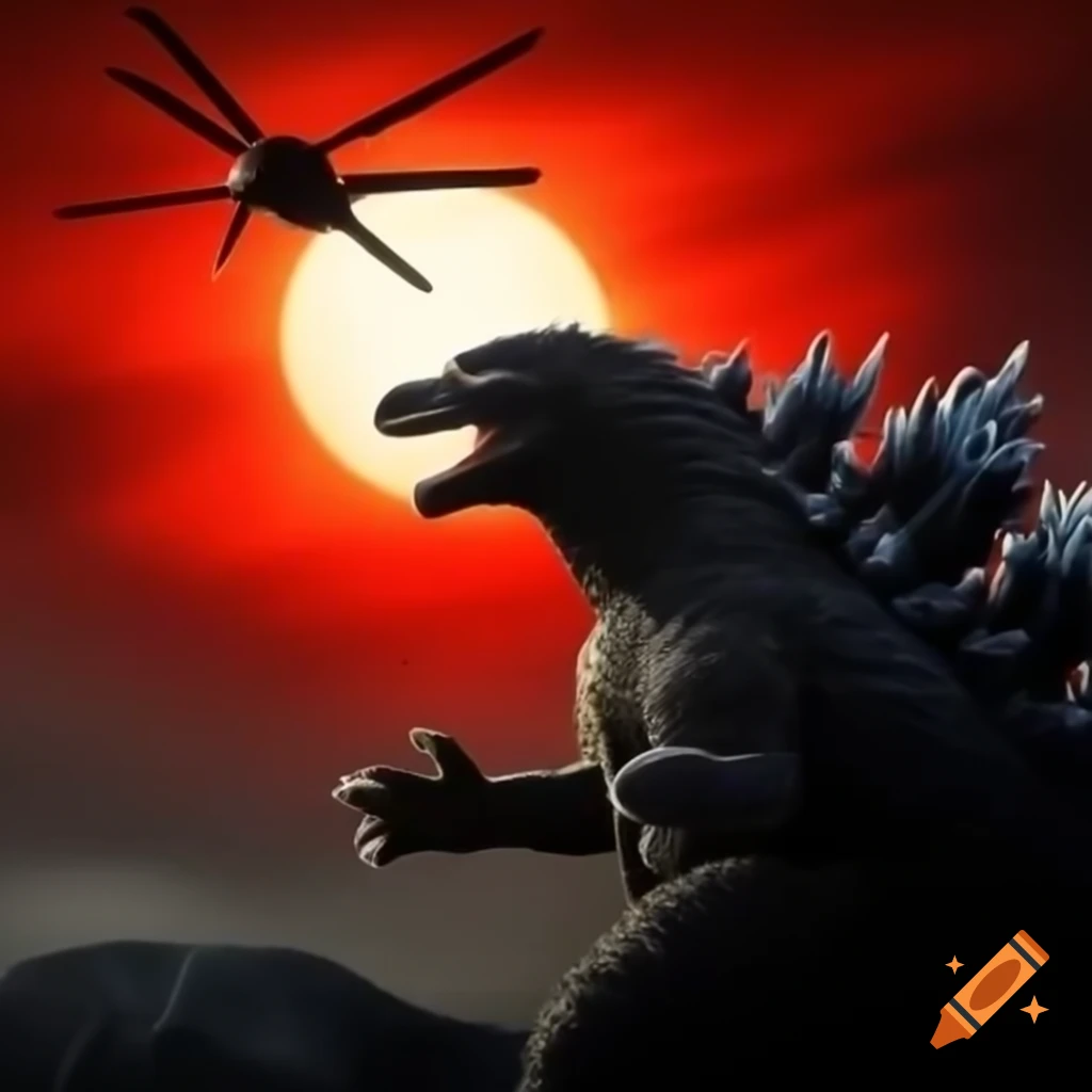 Godzilla in front of red sun with nearby helicopter