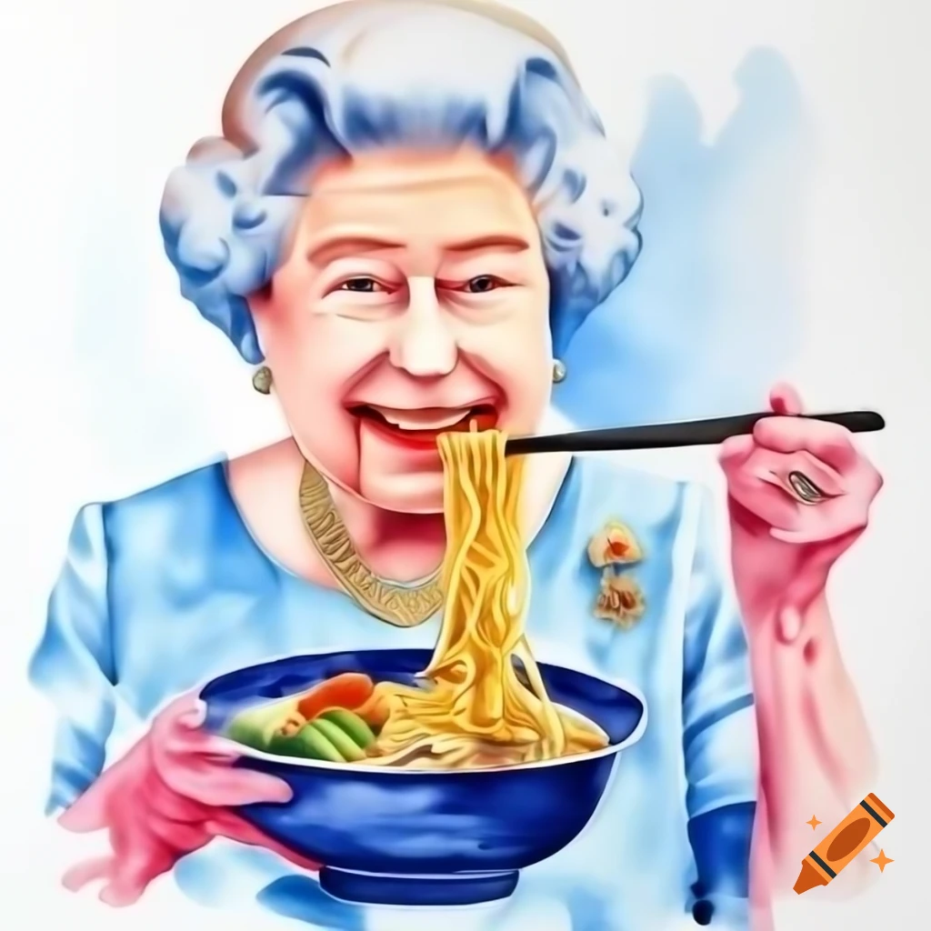 Watercolor Painting Of Queen Elizabeth II Enjoying Ramen Noodles With watercolor-painting-of-queen-elizabeth-ii-enjoying-ramen-noodles-with