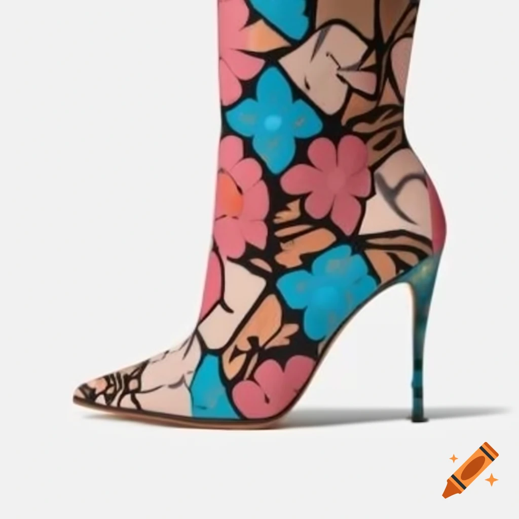 High-heeled stiletto leather boot with floral geometric design