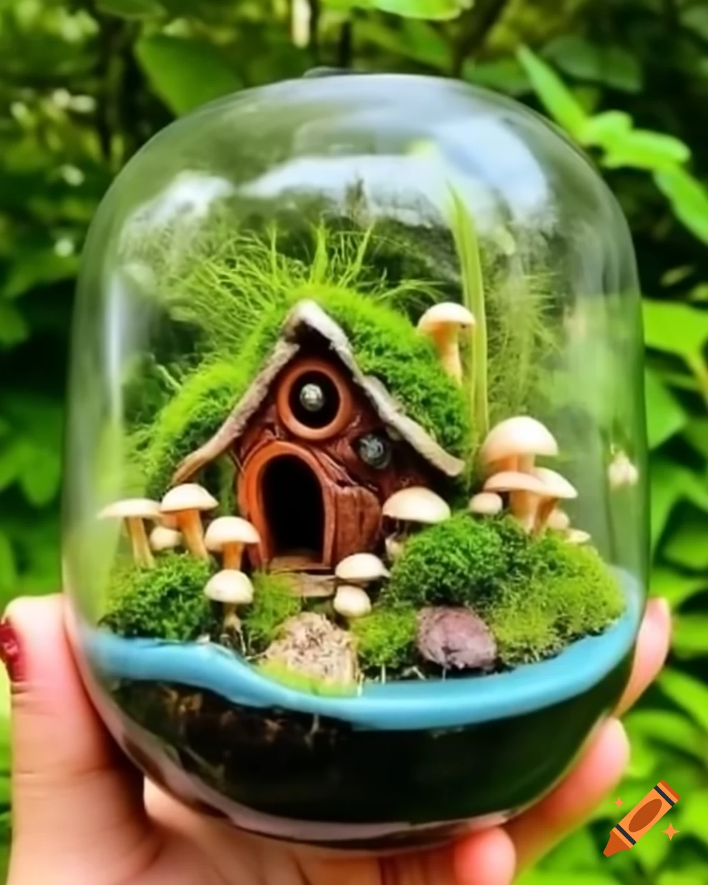 Miniature terrarium ecosystem with vegetation, lake, fairy house, and mushrooms