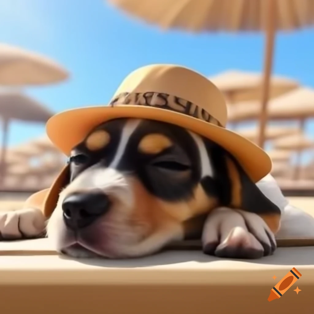Sleepy puppy in Greek hat under parasol at sunny beach with palm trees