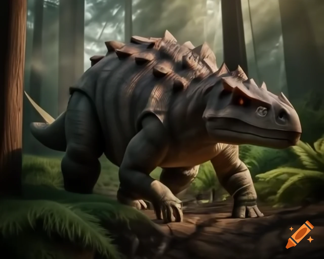 Ankylosaurus walking in sunny forest clearing, with ferns and fallen trees
