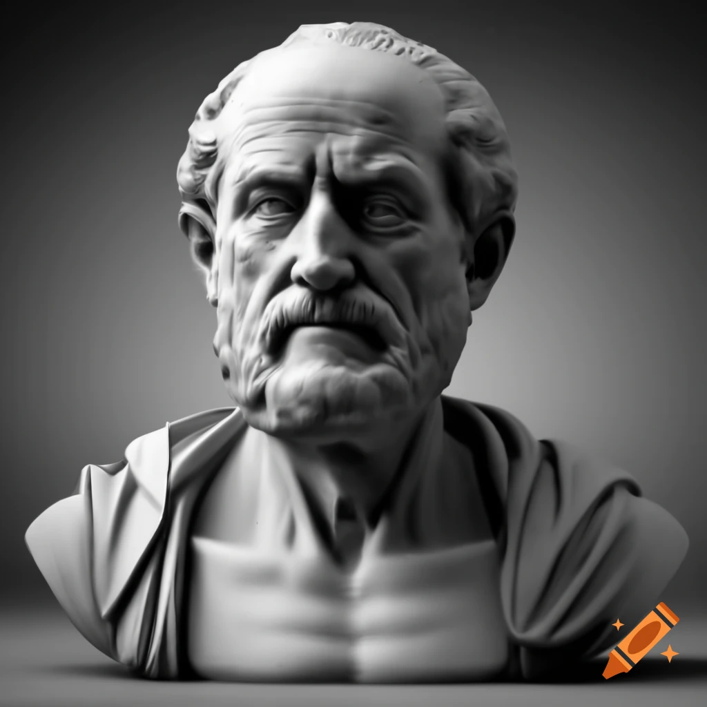 Grayscale stone bust of Seneca the Stoic philosopher with textured background