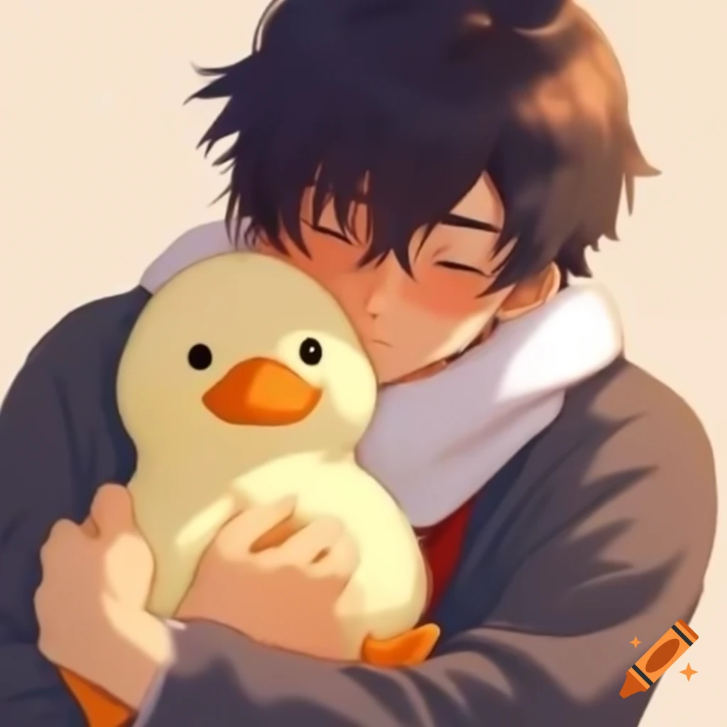 Anime man hugging a duck stuffed toy