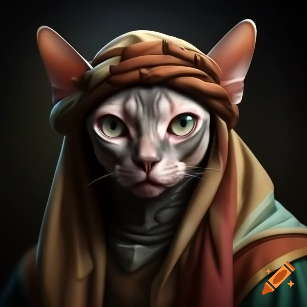 Realistic portrait of a fantasy Tabaxi Sphynx cat in Middle Eastern clothing