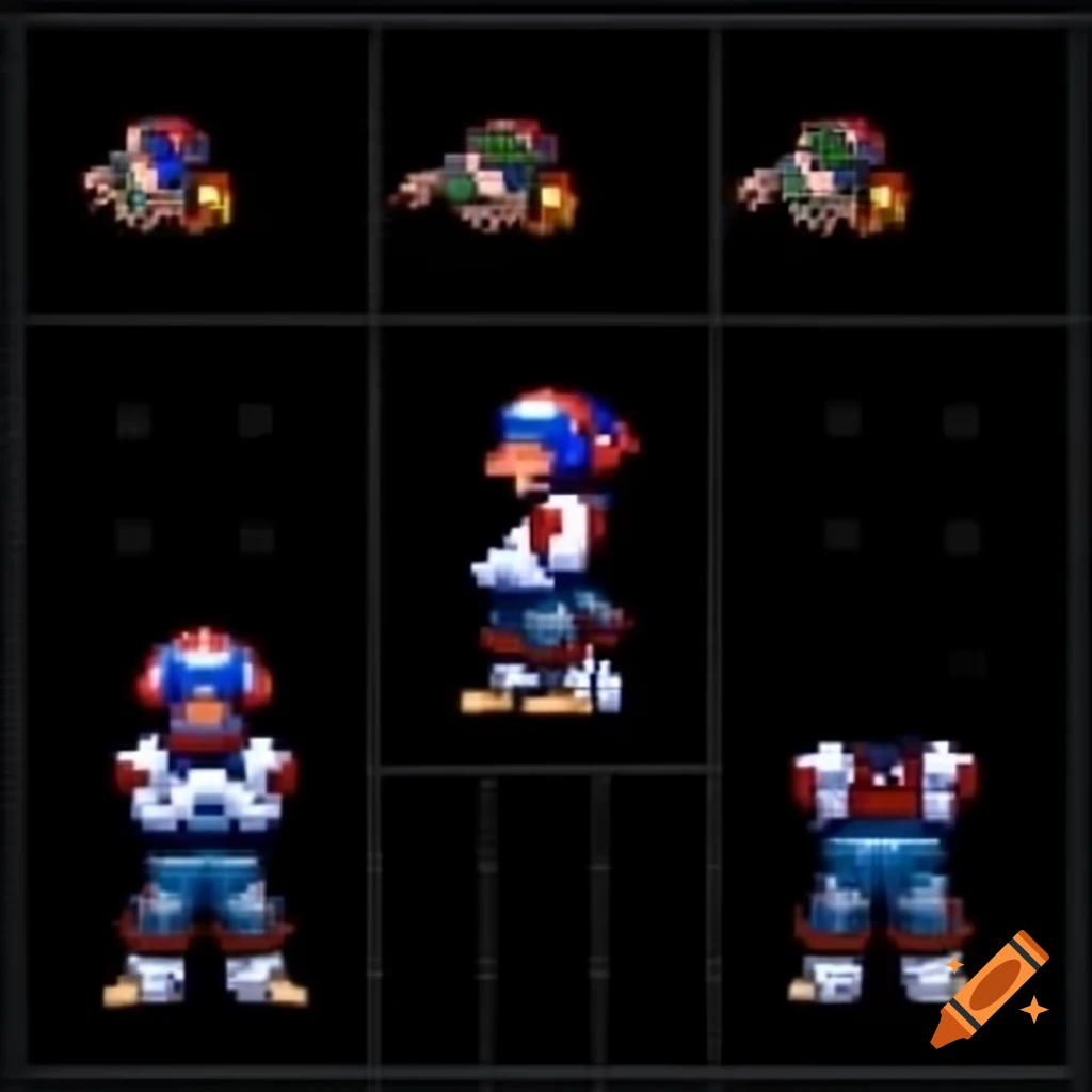 Pixel art sprite sheet of a Bomberman-inspired character with four views