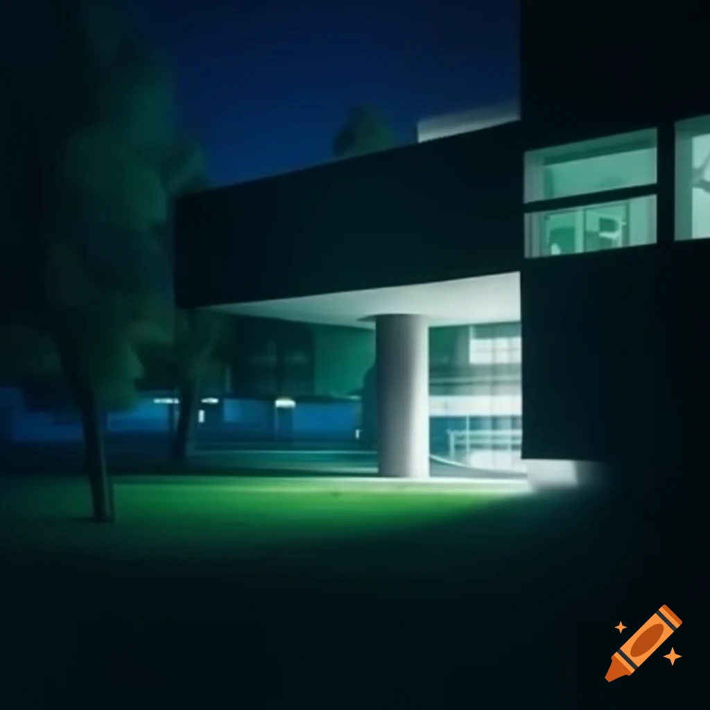 Surreal modernist school yard at night with illuminated windows