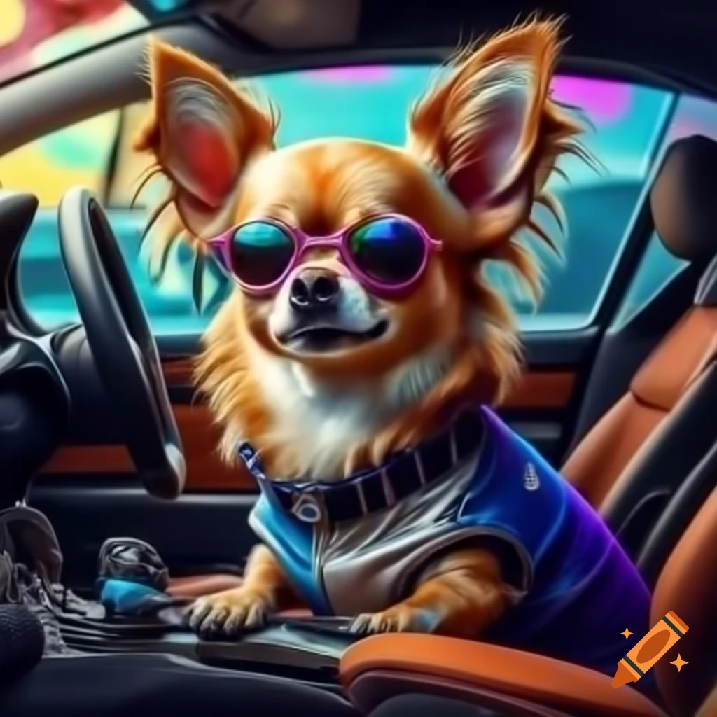 Psychedelic chihuahua driving a BMW