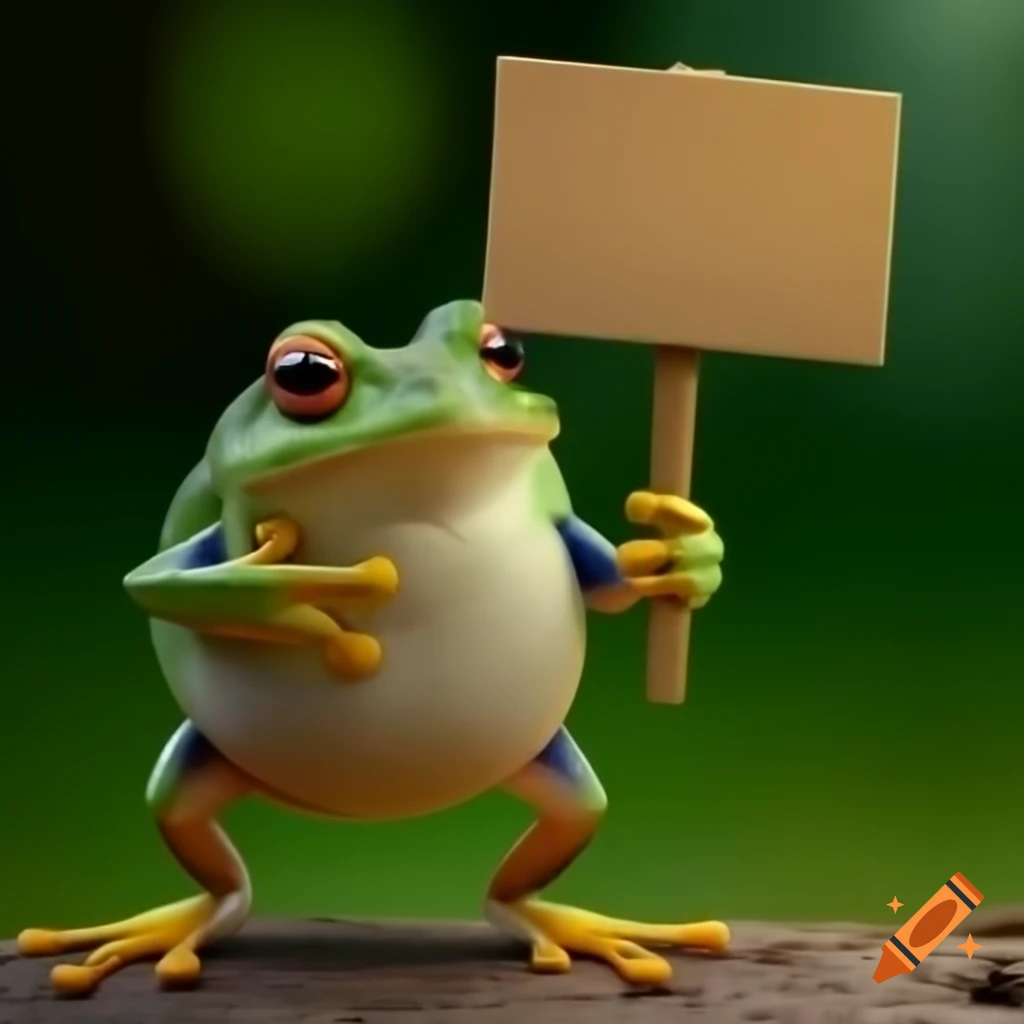 Frog holding a sign with a dramatic tension