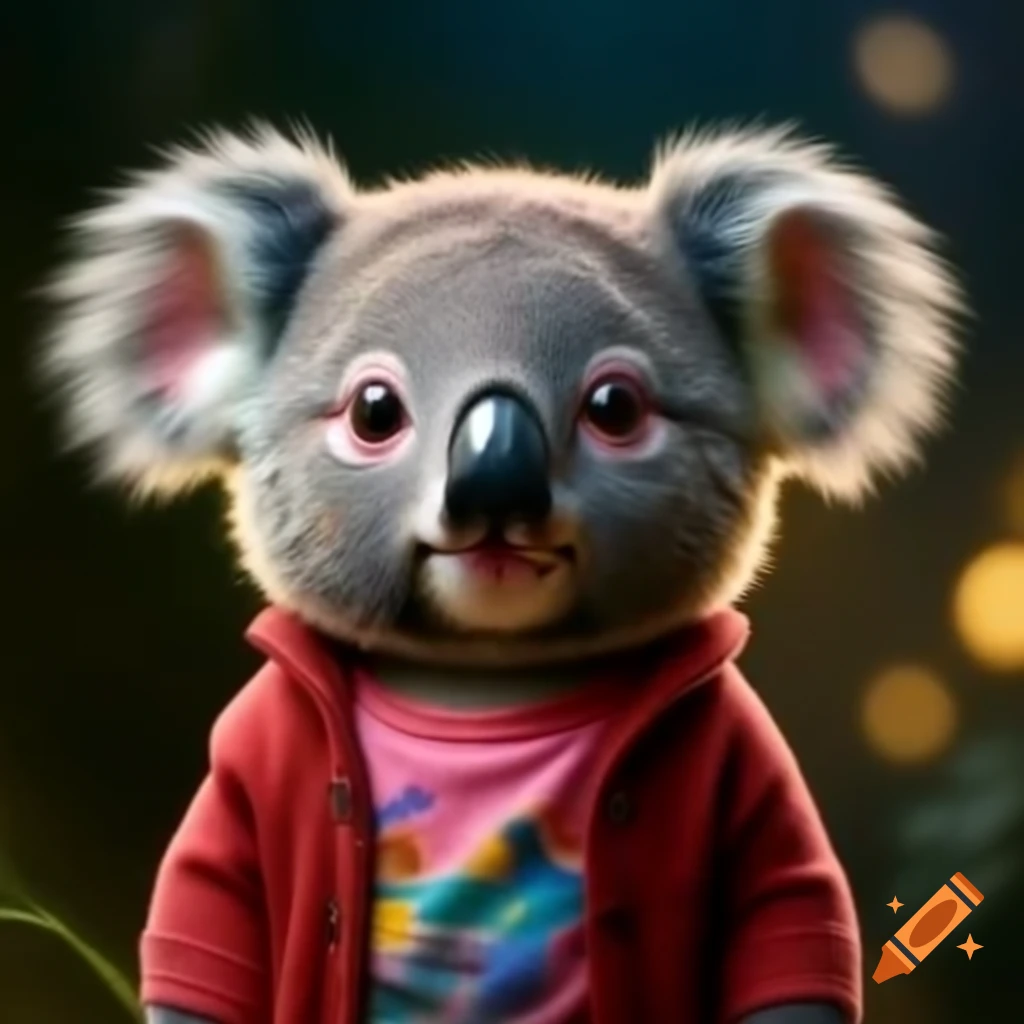 Cute koala in pink T-shirt and red cardigan, Illumination style