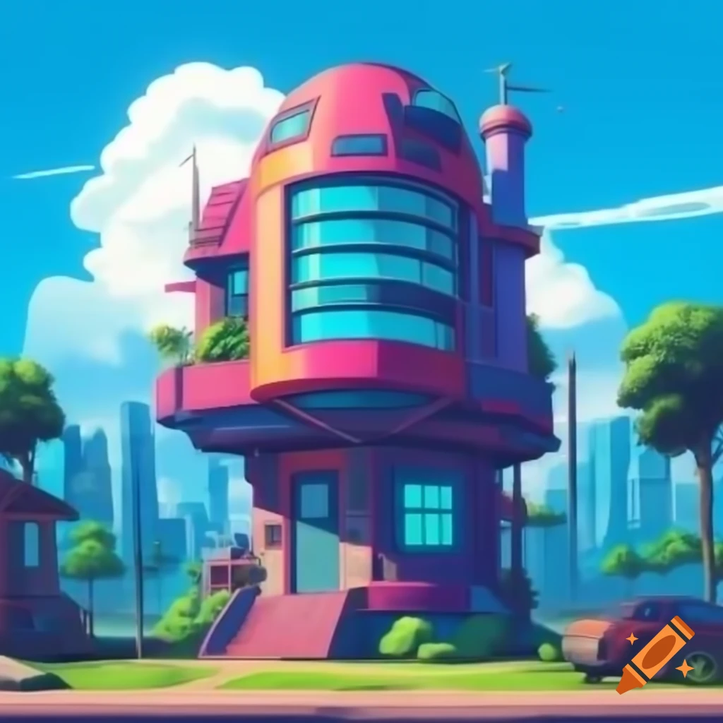 Futuristic house in city during summer, pop art style