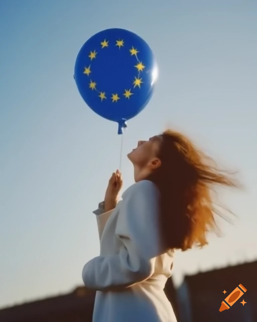 Young woman kissing EU flag balloon in sunlight, 90s style portrait