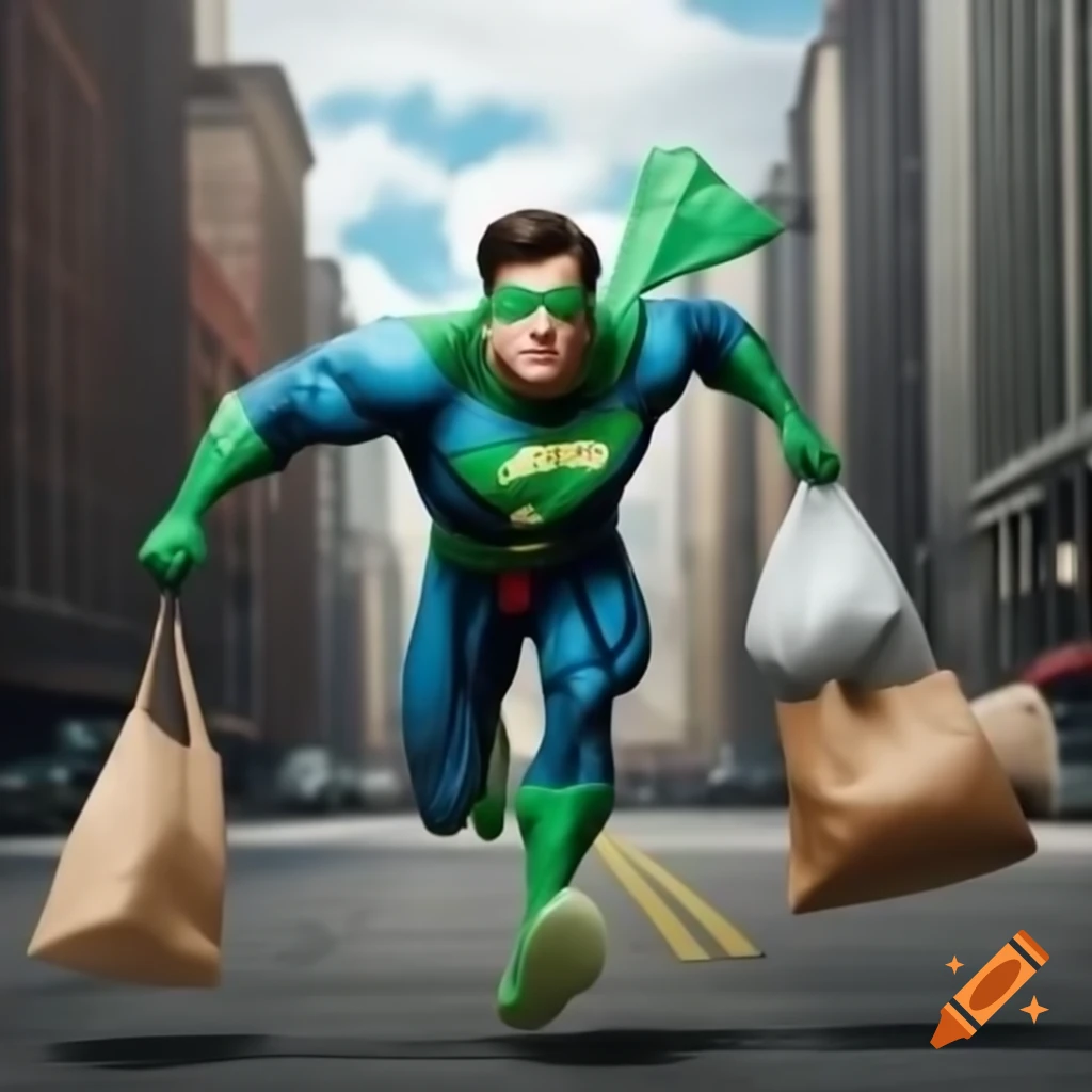 Superhero running on street carrying grocery bags