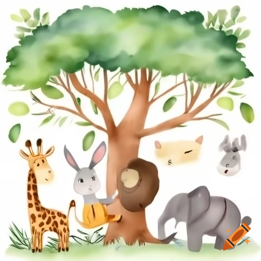 Rabbit sitting under marula tree with various animals in forest