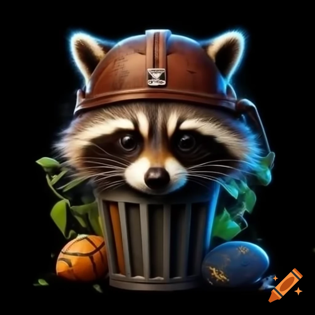 Fantasy football team logo with raccoon in football helmet emerging from trash can