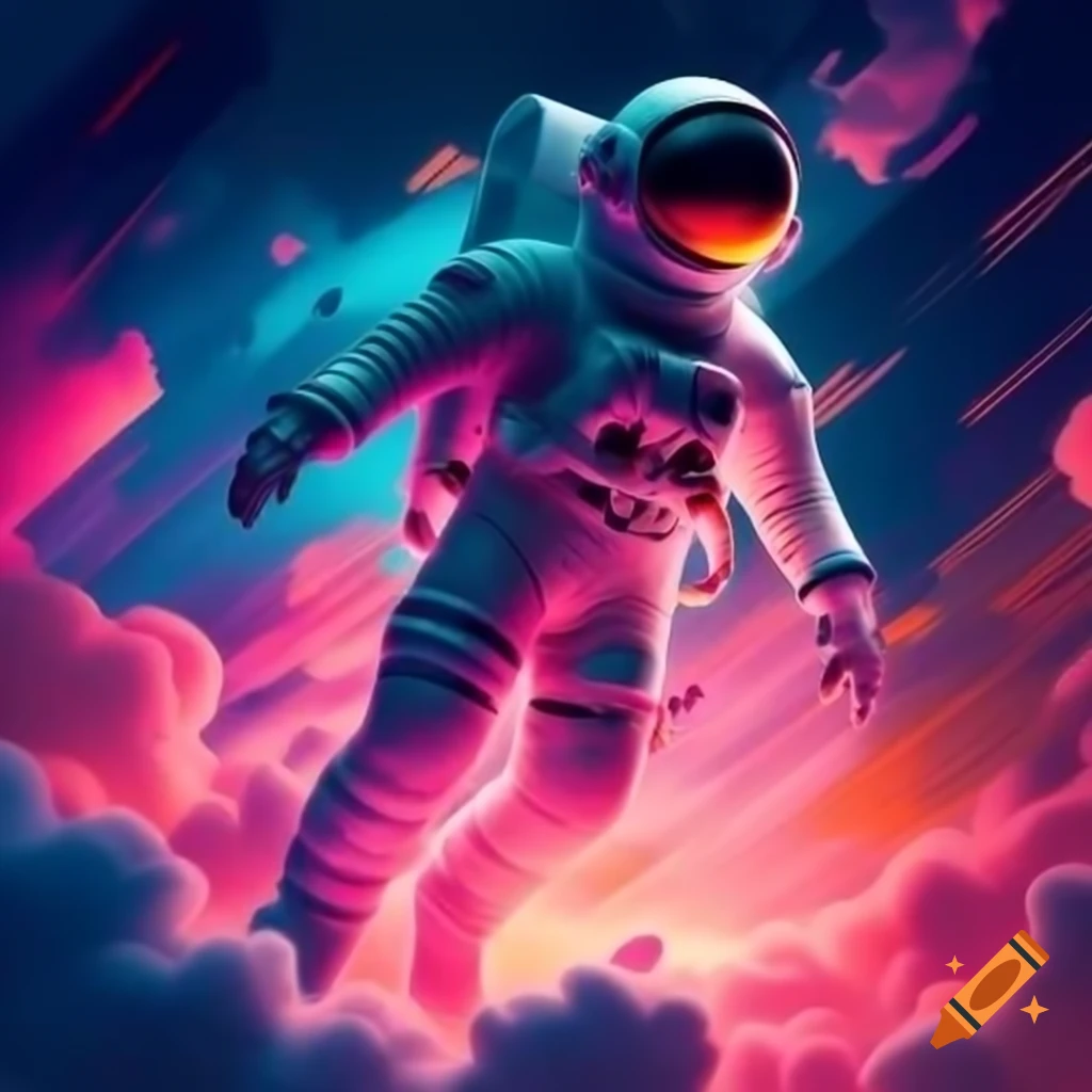 Futuristic astronaut relaxing in colorful clouds