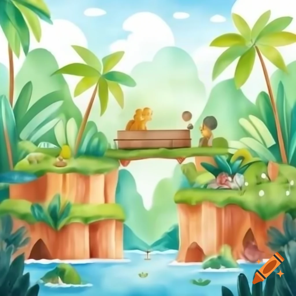 Retro jungle platform video game scene