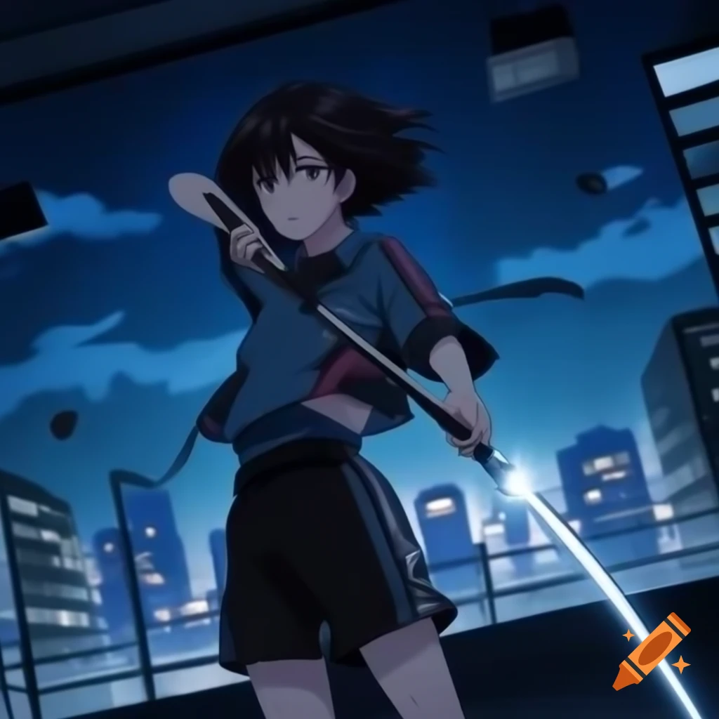 Shiki Ryougi with katana in Kappa style anime against city night sky
