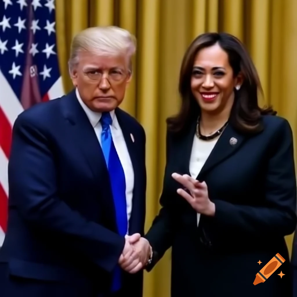 Political endorsement scene featuring Donald Trump and Kamala Harris
